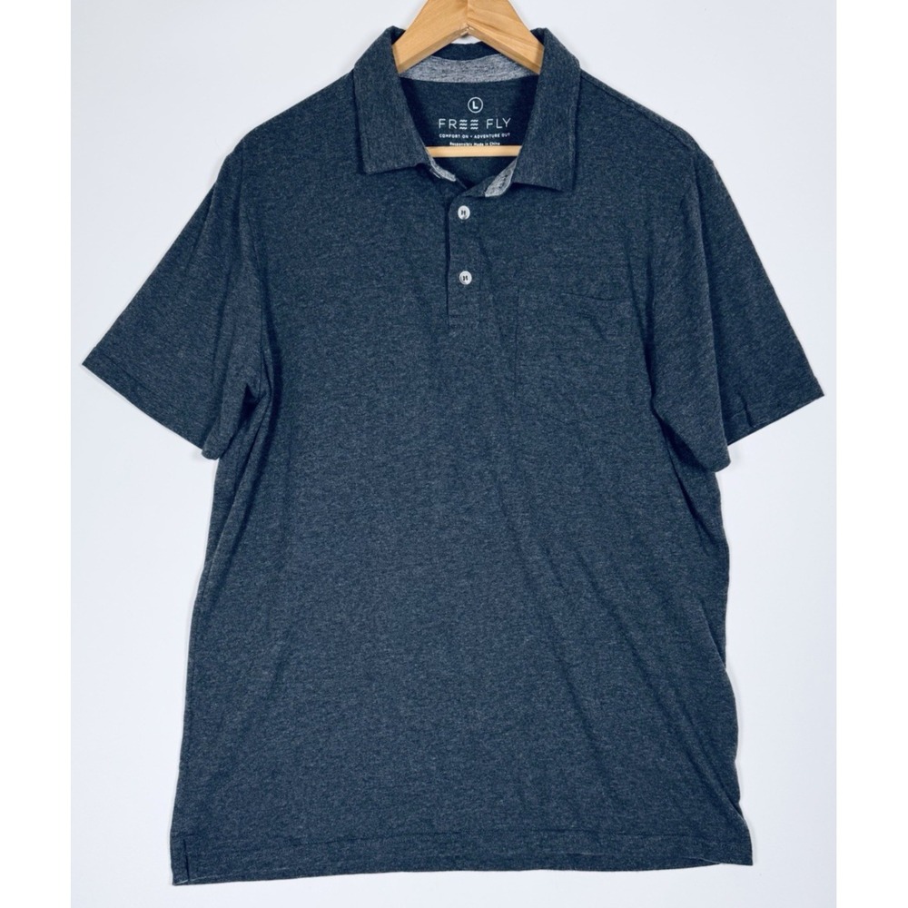 Free Fly Bamboo Cotton Polo Mens Large Gray Short Sleeve Pocket Performance Soft